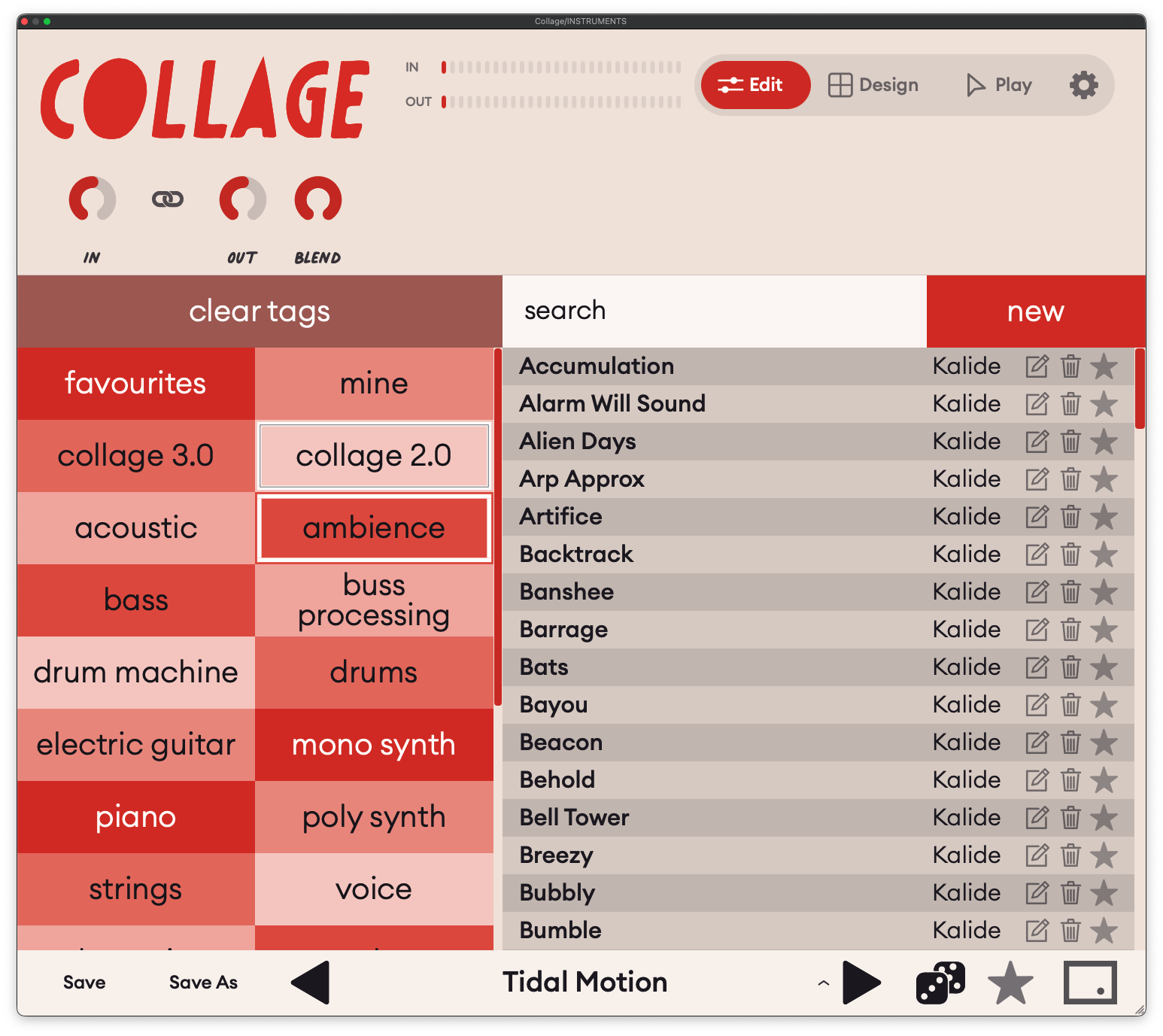 Collage preset browser filtering by tag